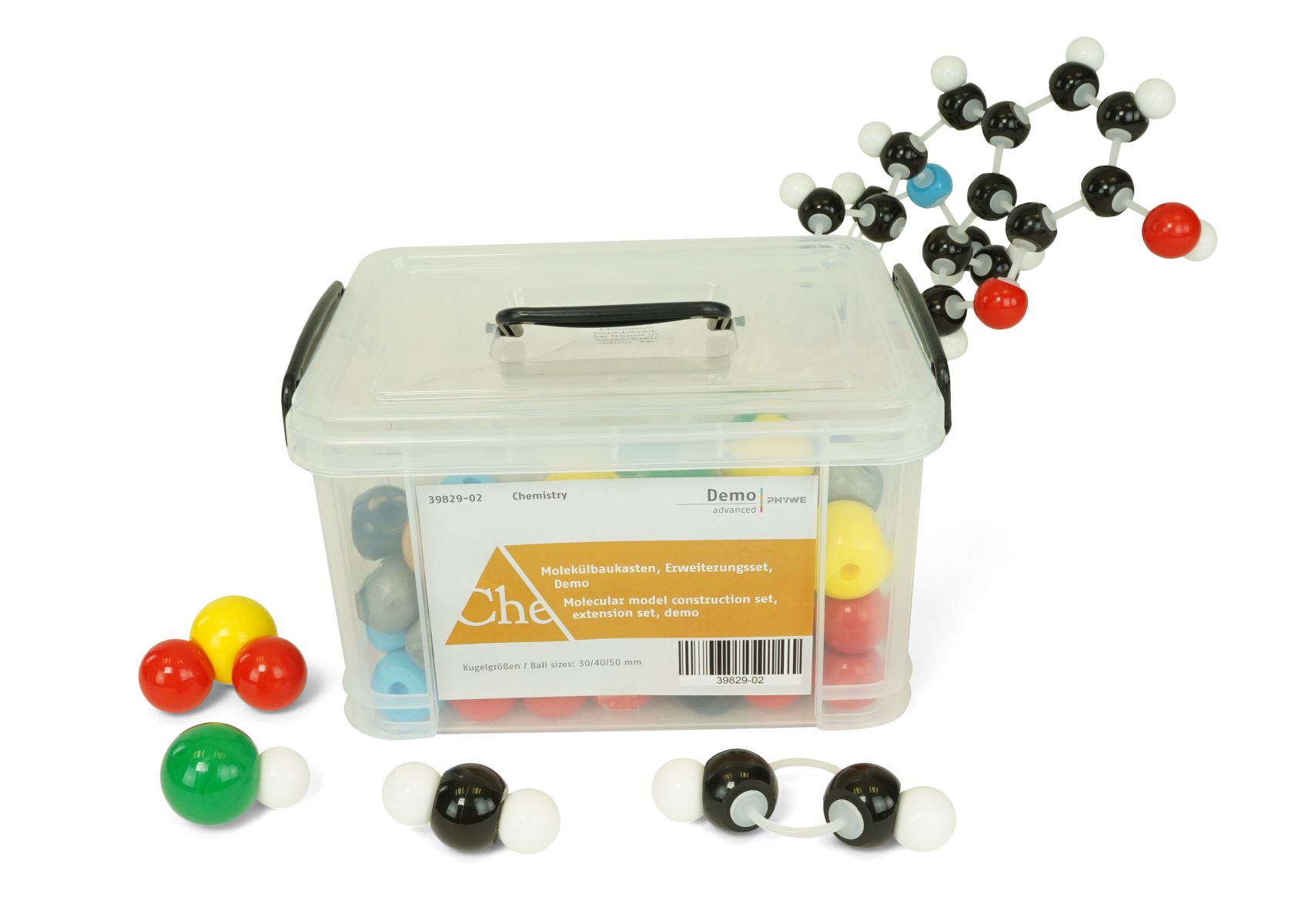 Molecular model construction set, extension set inorganic/organic chemistry, demo, ball sizes 30/40/50 mm