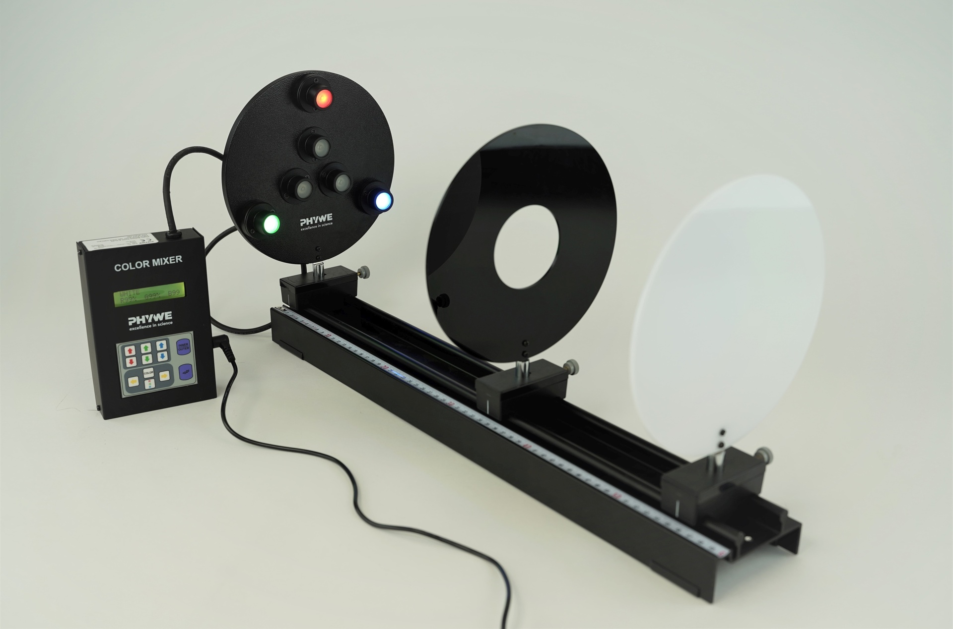 Color mixing in experiments on optical profile bench with LED lamp